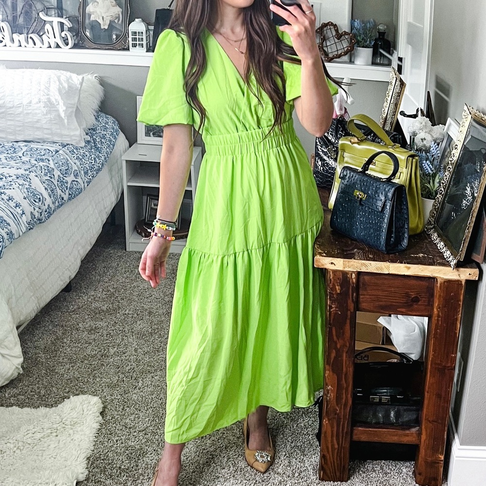 Neon green yellow midi maxi tiered dress flutter sleeve